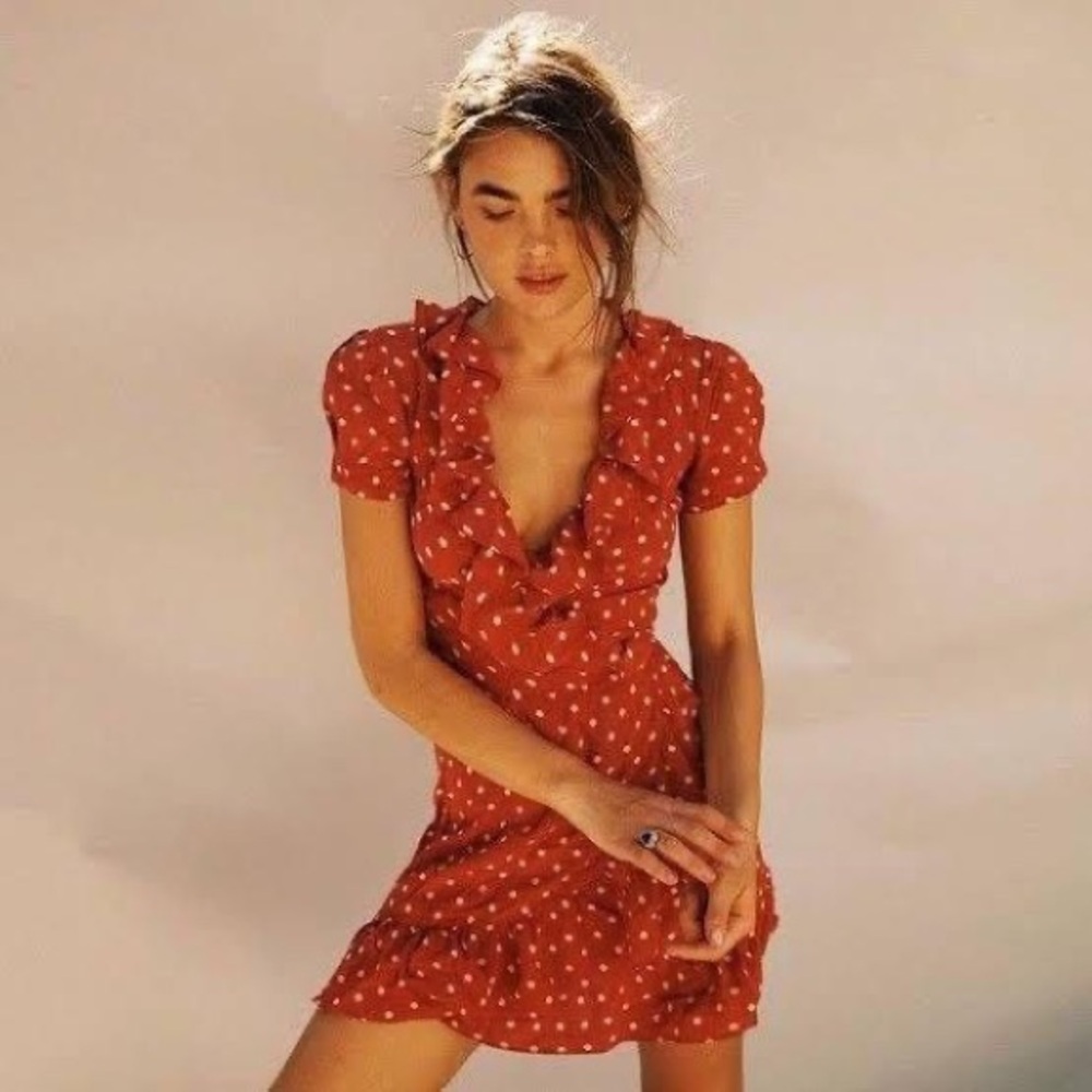 Valentina Rust Spot ruffle wrap dress size XS